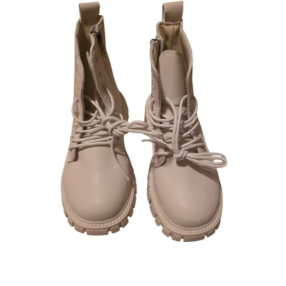 Cream Lace-Up Ankle Boots